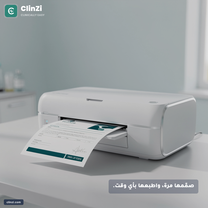 بوست لـ Clinzi فيه طابعة بتطبع روشتة منظمة، واللوجو والكابشن مركّبين